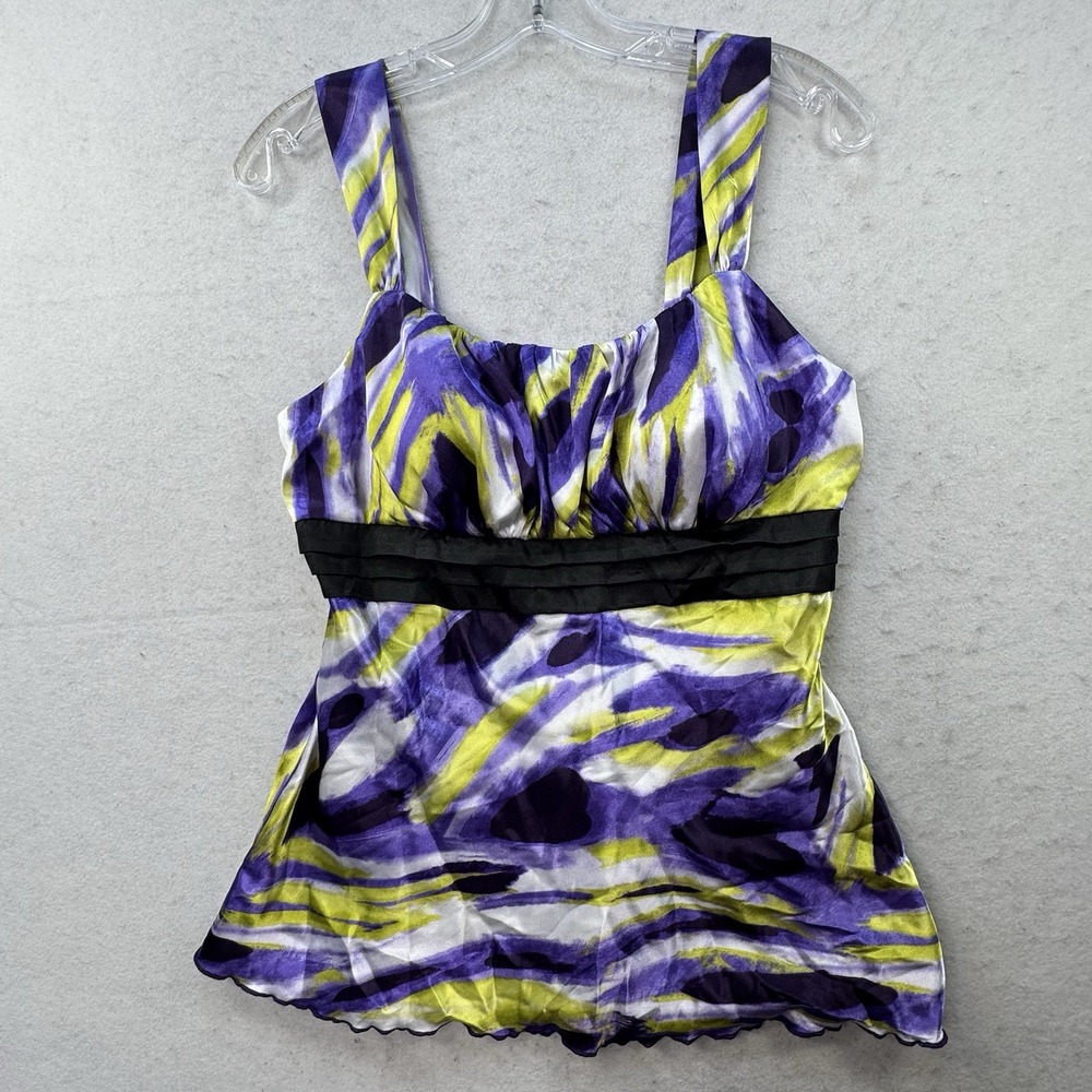 VTG IZ Byer Purple Green Artsy Retro Y2K Babydoll Tank Top Women Large Satin